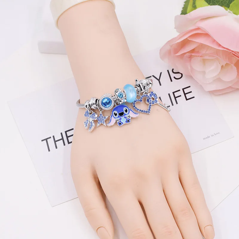 Disney Cartoon Cute Crystal Stitch Heart Bowknot Charms Bracelets for Women Girls Stainless Steel Bangle Jewelry Gifts for Fans