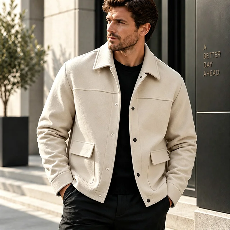 Men's Short Brushed Shirt Jacket Long Sleeve Snap Button Loose Fit Soft Warm Casual Outerwear for Everyday Wear Autumn Winter 9