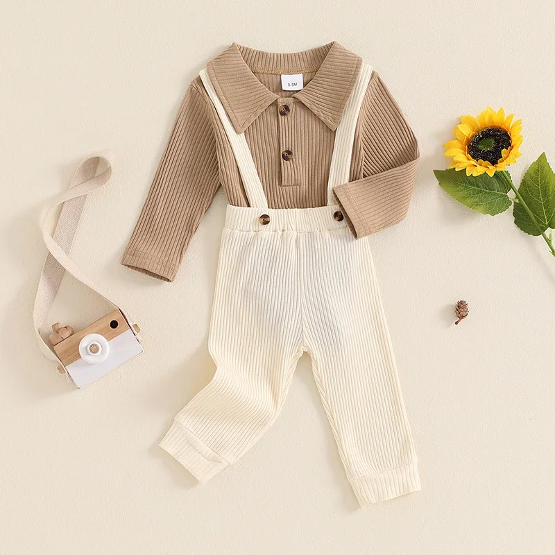 

SUNSIOM 0-18 Months Baby Boys Fall Outfits Solid Color Turn-Down Collar Long Sleeve Rompers and Suspender Pants 2Pcs Clothes Set