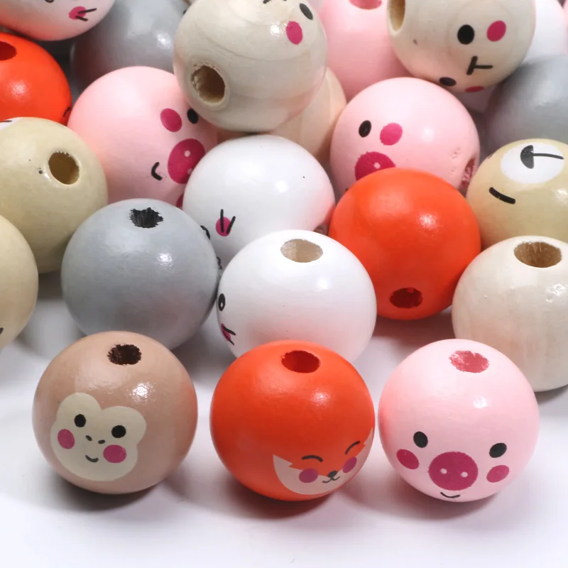 10pcs/lot 18mm Cute Animals Wooden Beads Round Spacer Wood Loose Beads For Diy Bracelet Necklace Jewelry Making Home Decoration