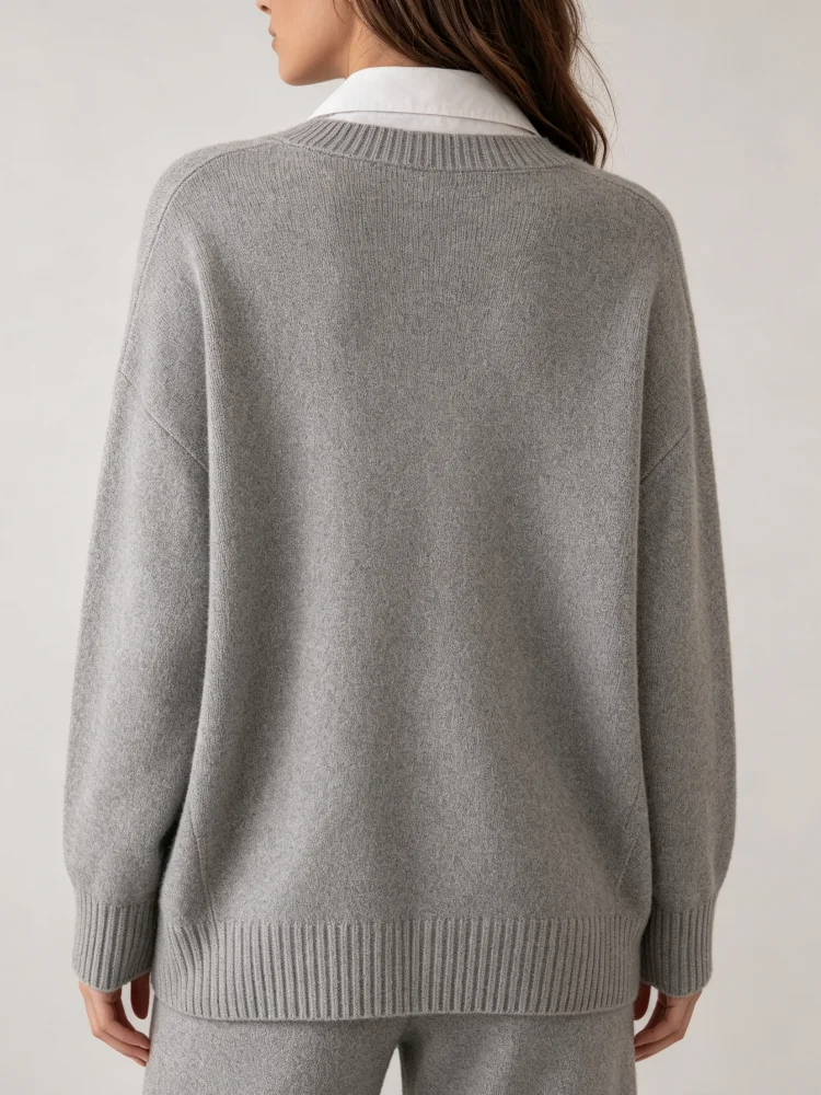 Women’s V Neck Knit Sweater, Gray Long Sleeve Pullover with White Shirt Splicing, Ribbed Cuffs and Hem, Casual Fall Top