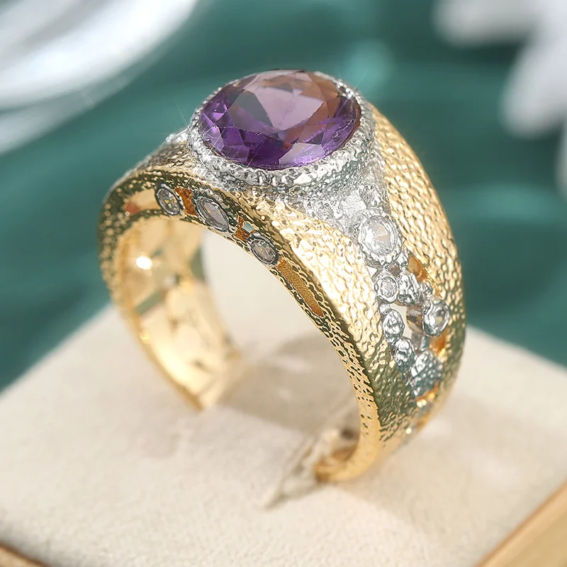 Modischer geometrischer ovaler lila Zirkonia-Ring, ein klassischer und trendiger Accessoire-Schmuck für Damenpartys und Feiertage