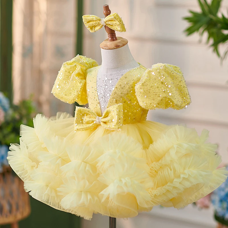 Vestido de desfile de princesa con lazo y lentejuelas para niños pequeños, vestido de tul con volantes para niñas, vestidos de fiesta de cumpleaños hasta la rodilla