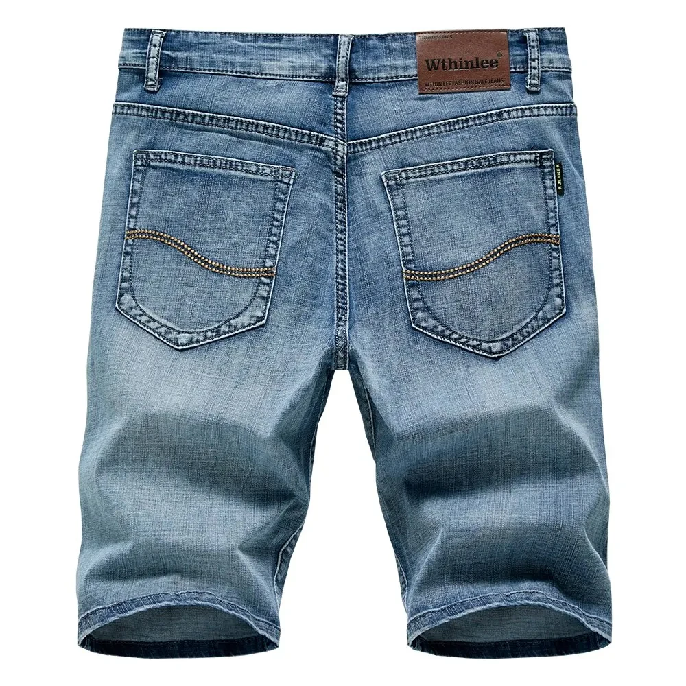 Men's Jeans Summer Short-Length Jeans Straight-Leg Stretch Casual Cool Lightweight Knee-Length Blue Jeans