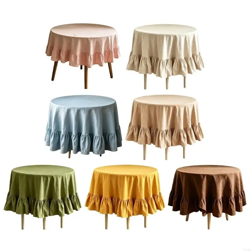H8WB Round Table Cover with Flounces Trim, 140 x 140 Ruffled Washable Tablecloth for Tea Time, Kitchen Table and Daily Meals