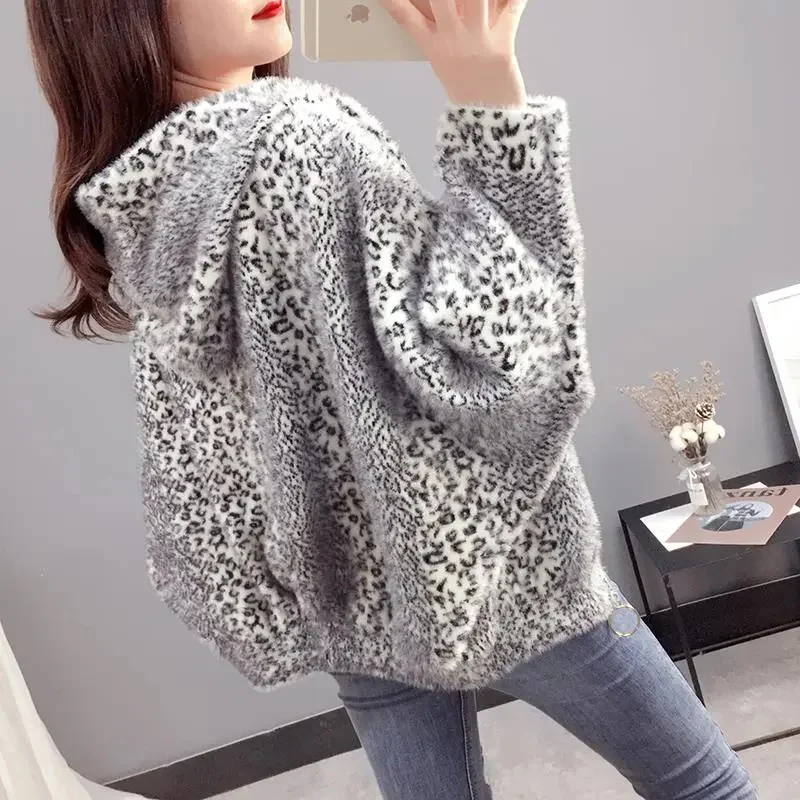 Cappotto in velluto di visone imitazione stampa leopardo giacca donna autunno inverno maglione lavorato a maglia donna giacca Cardigan con cerniera