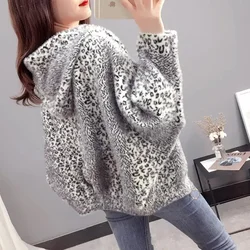 Cappotto in velluto di visone imitazione stampa leopardo giacca donna autunno inverno maglione lavorato a maglia donna giacca Cardigan con cerniera di grandi dimensioni