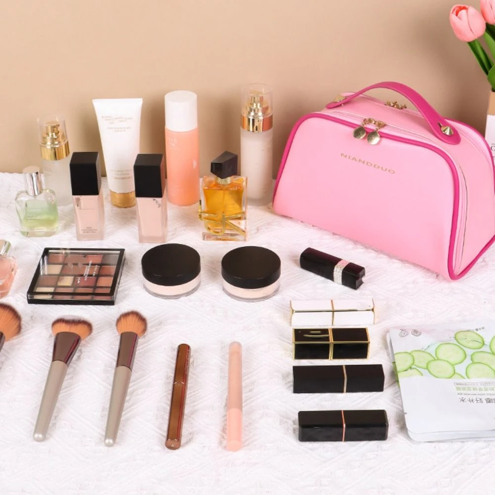 

Большая вместительная косметичка из искусственной кожи с двойной молнией, водонепроницаемая ручная косметичка, многофункциональная однотонная дорожная косметичка