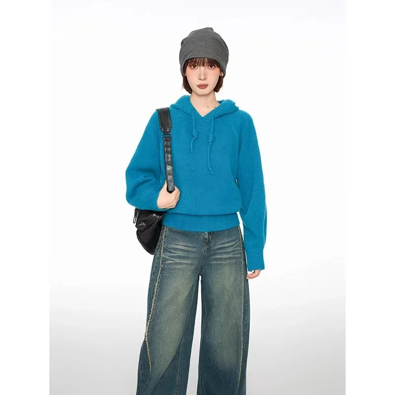 Women Lazy Style Hooded Knit Sweater Solid Color Cropped Pullover Autumn Winter Casual Outerwear Tops