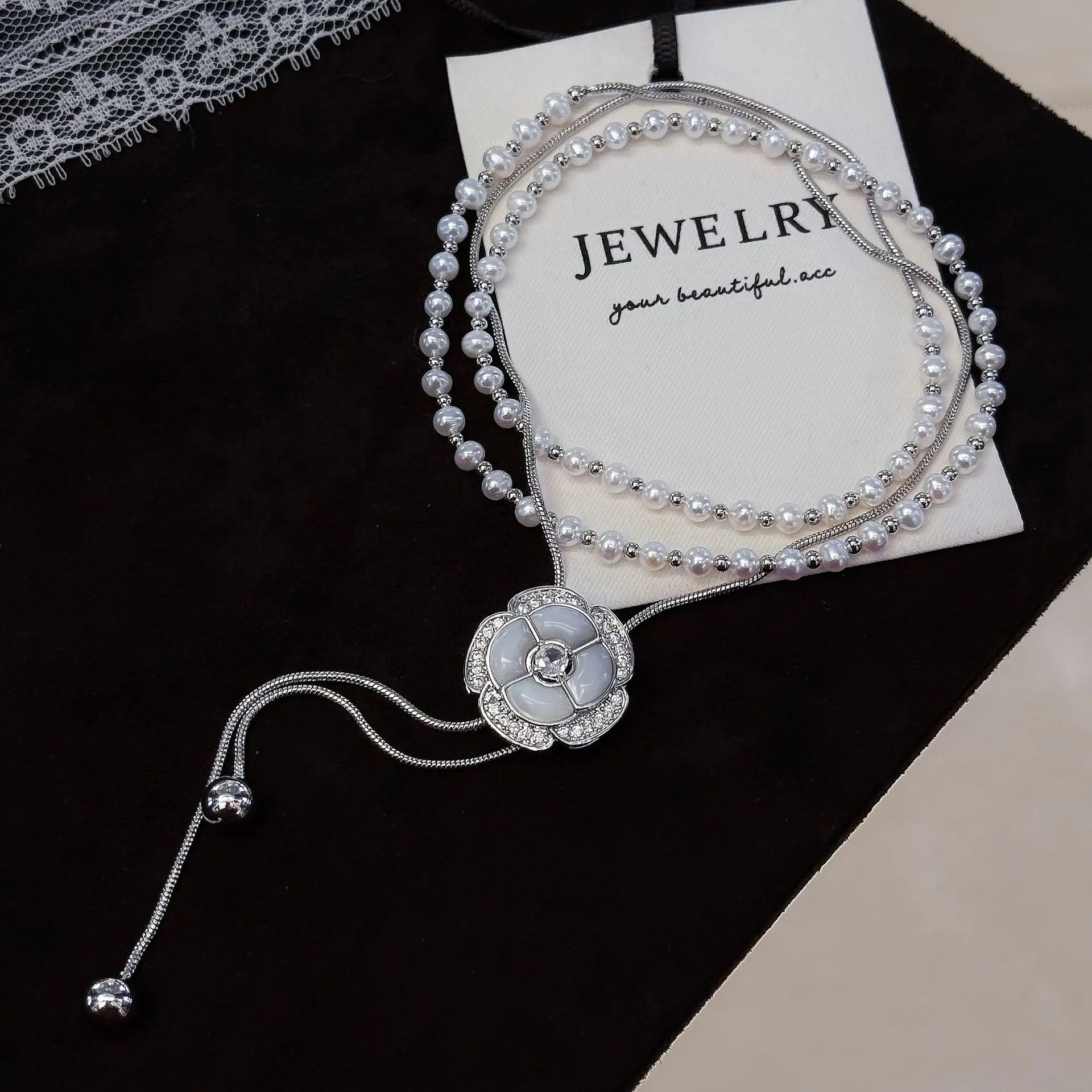 

Long Necklace - Natural Freshwater Pearl Multi-Wear Sweater Chain, Lariat Adjustable with Mother of Pearl Camellia