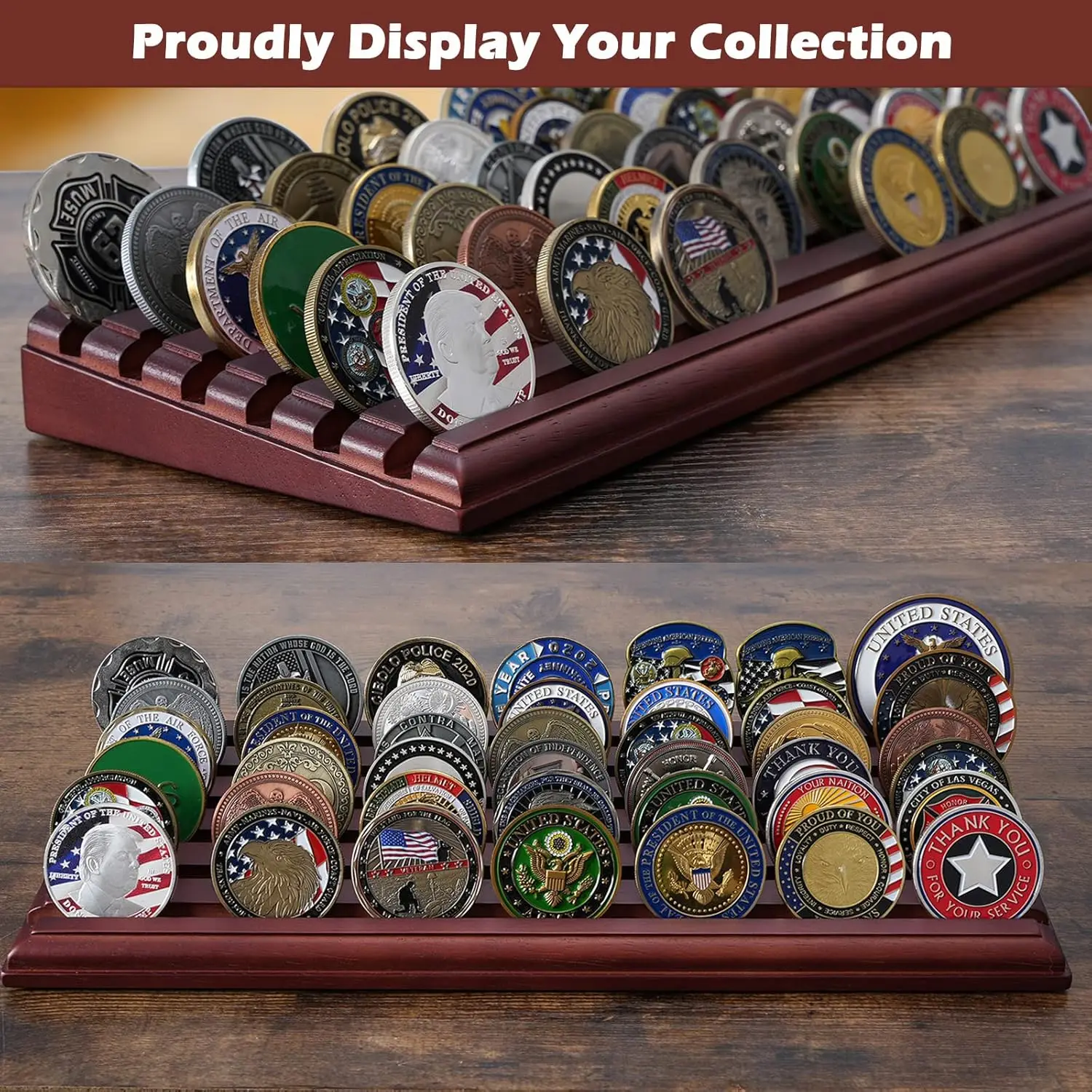 Challenge Coin Display, 6 Row Military Coin Holder Display Rack, Solid Wood Coin Rack Stand Holds 42 Coins