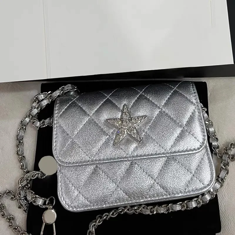 New Fashion Square Bag Female Shoulder Bas Silver with Diamond Stars Rhombic Lattice Chain Bag Leisure Trend Small Crossbody Bag