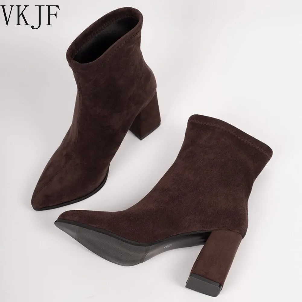 2026 Winter Women Boots Pointed Toe Stretch Socks Boots Fashion Solid Womens Shoes High Heel Short Boots Modern Ladies Shoes