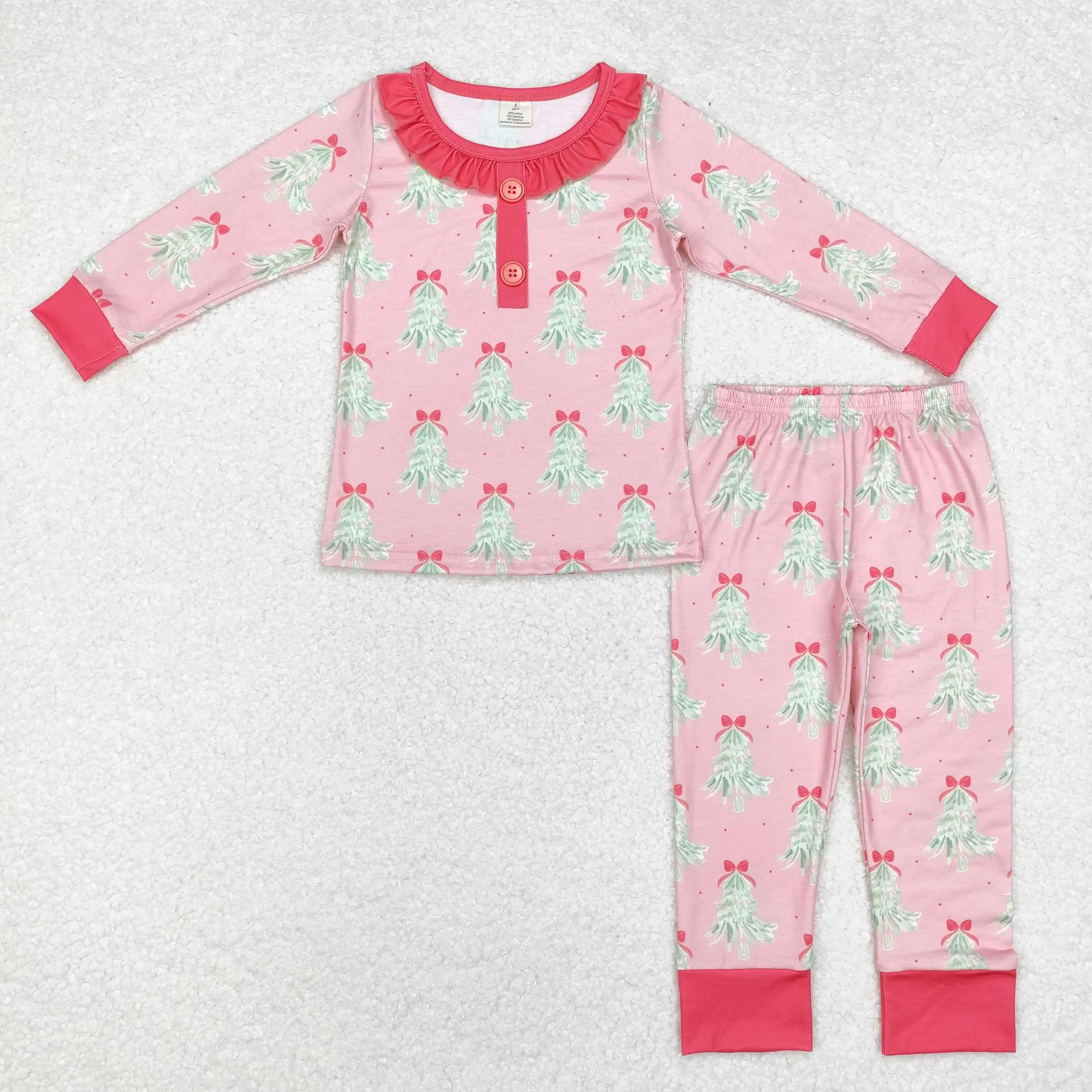 

NEW RST Christmas bamboo girl pink pajamas set wholesale boutique infant Christmas tree bow pattern long sleeve trousers holiday