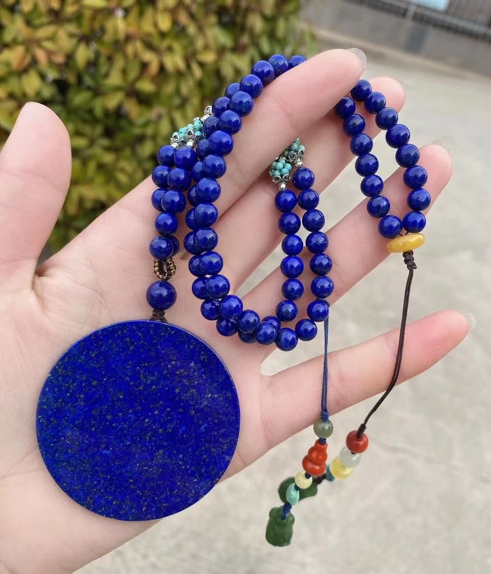 

Natural Blue Lapis Lazuli Pendant Necklace Round 56.5x4.8mm Carved Flower Women Men 5mm Beads Jewelry Gemstone AAAAAA