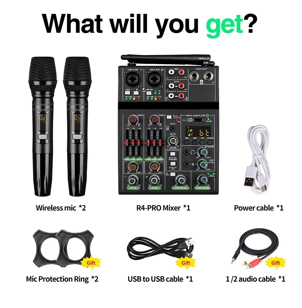 Pequeno microfone USB para Home Stage Performance, 4-Way Mixer, gravação ao vivo