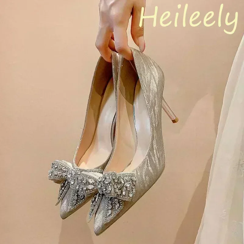 6cm Luxury Women\'s Shoes Satin Pointed Toe with Rhinestone Bow Sexy High Heels Banquet Party Women Shoes 41 42 43