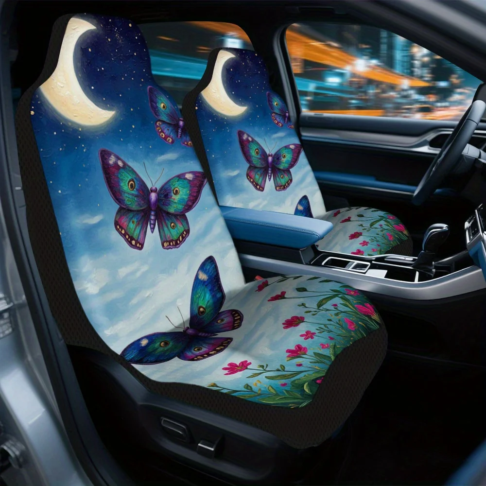 Set Of 2, Moonlit Butterflies Sky Design Car Seat Covers – Premium Quality, Fashionable Complete Set For Various Vehicles, Unive