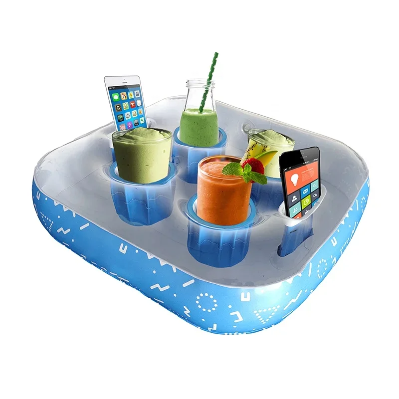 Precio barato, venta al por mayor, impresión personalizada, taza de PVC de 6 agujeros, bandeja flotante inflable, barra de hielo, soporte para bebidas, flotador