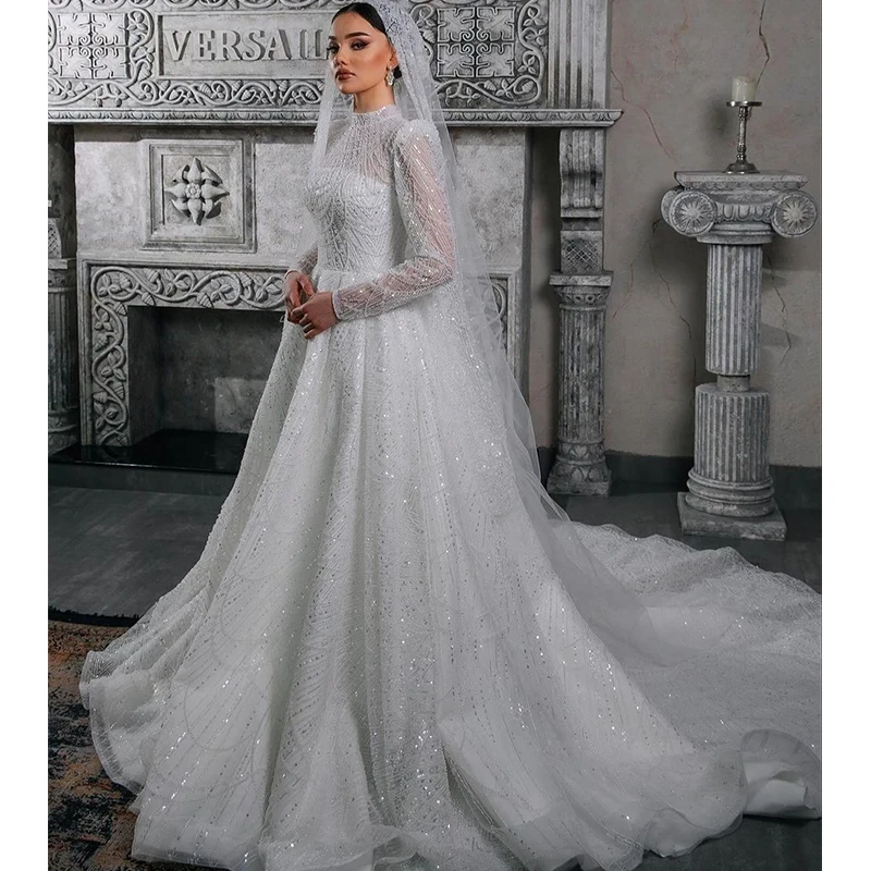 

Fully Beaded Wedding Dress High-Neck Lace Embroidered With Bead Ball Gown Full Sleeve Bride Button Customized Vestido De Novia