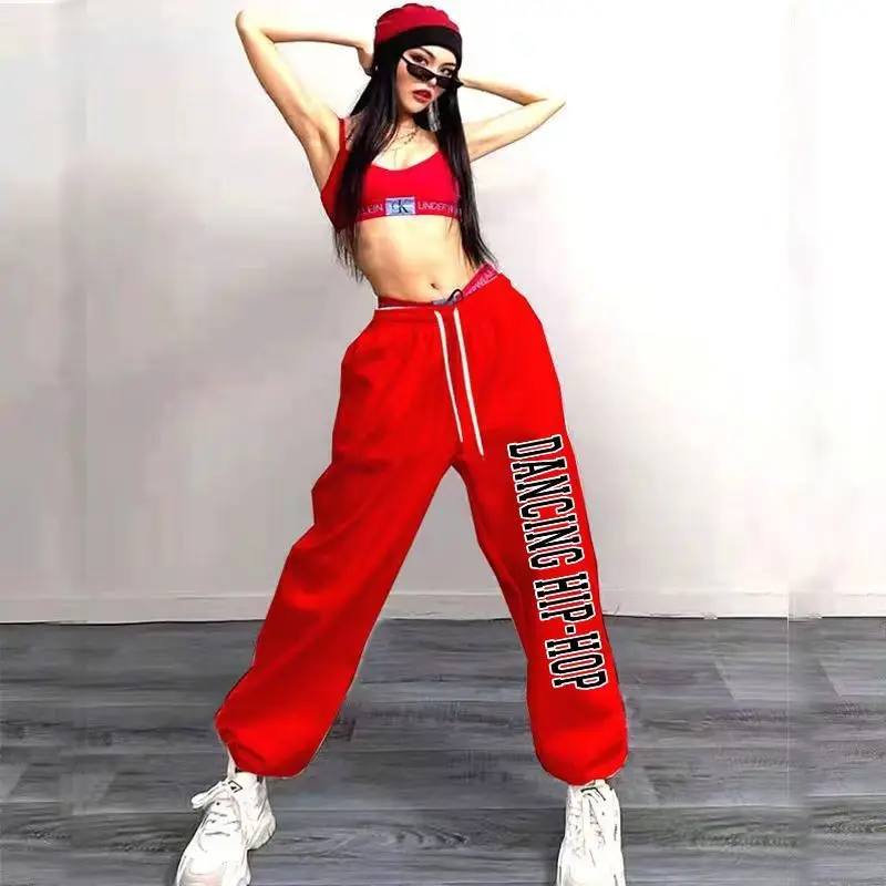المرأة شخصية إلكتروني طباعة Sweatpants الكورية نمط العصرية الجاز بنطلون رياضي عادية فضفاض عالية الخصر الرقص بنطال رياضي
