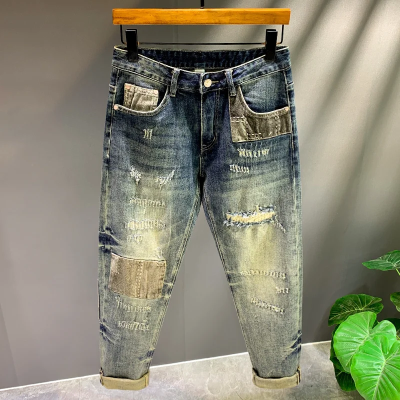 

Spring and Autumn Retro Trendy Brand Splicing Patch Motorcycle Jeans Men's Slim fit Small Straight Tube Show off Thin Pants
