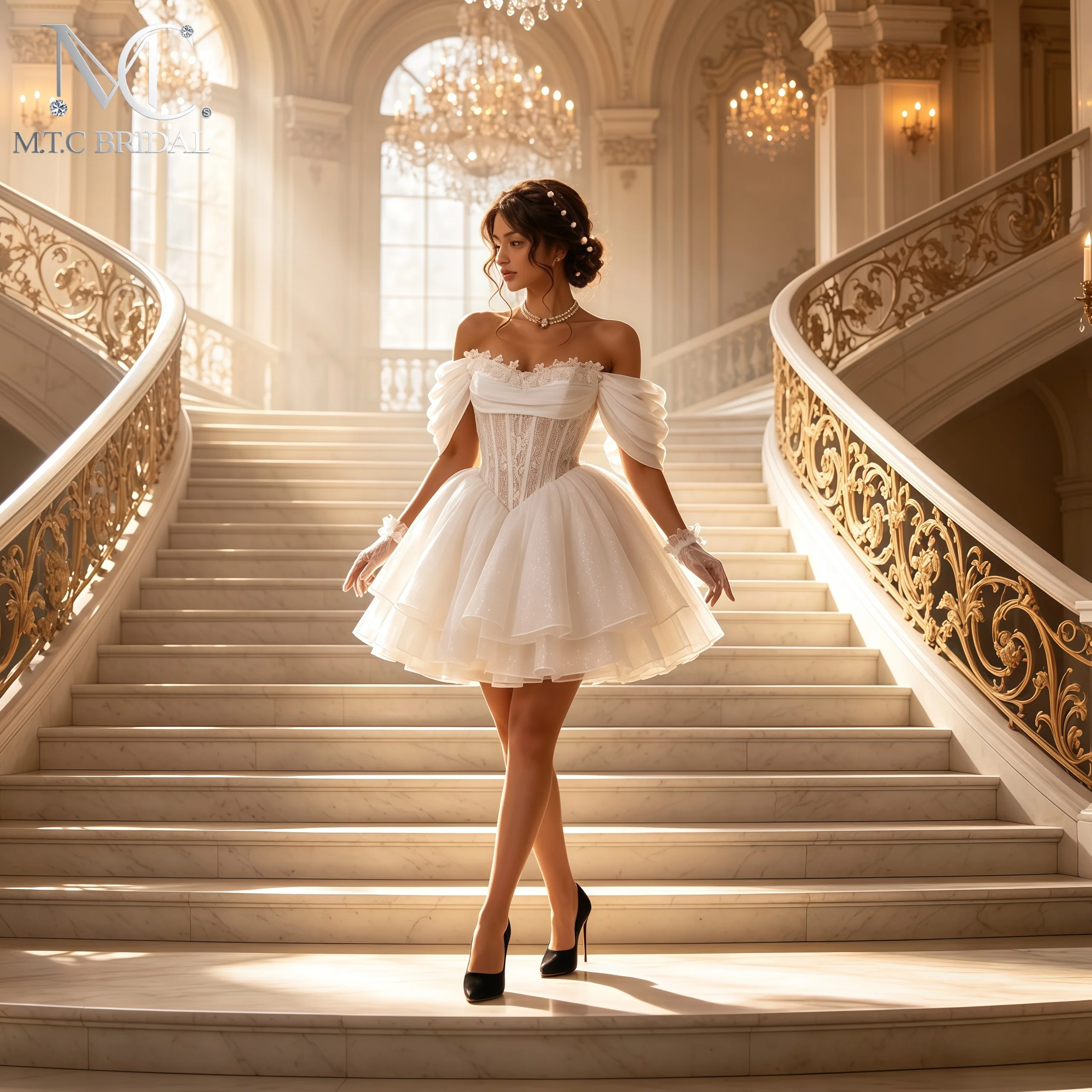 Stunning Puff Sleeve Short Wedding Dress Tiered Ruches Organza Off The Shoulder Mini Bride Wedding Party Gowns Vestido De Noiva