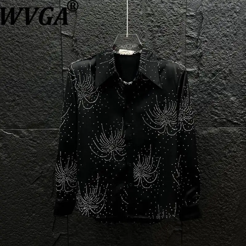 

WVGA Spring Summer New Men High-end Starry Hot Diamond Long Sleeved Shirt Trendy Stylish Breathable Wrinkle-free Tops Ins W24569