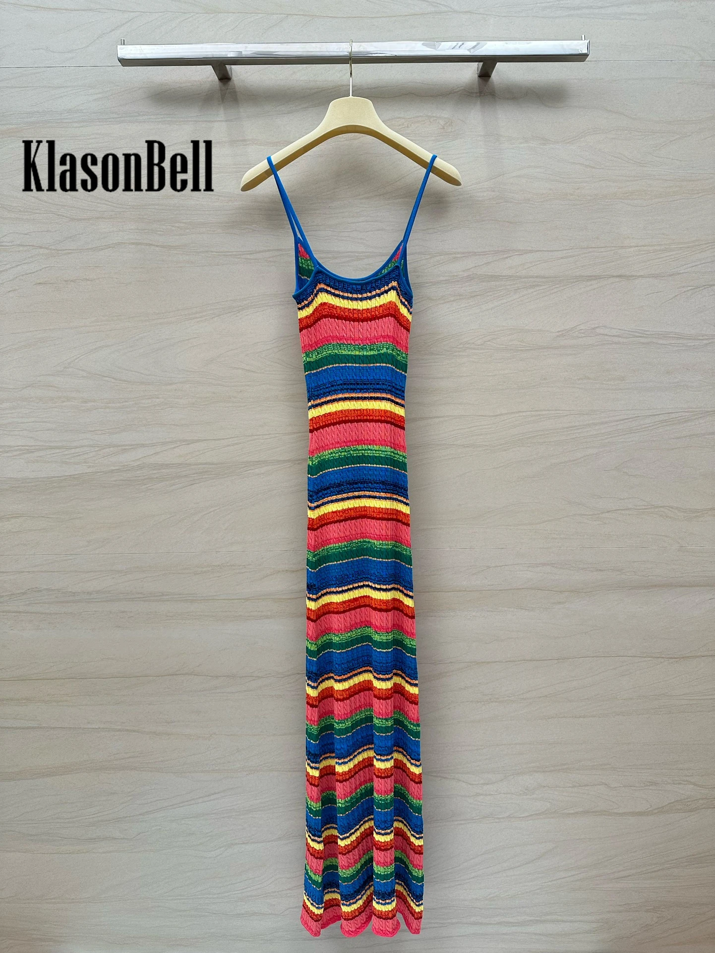 5.8 KlasonBell Rainbow Contrast Color Spaghetti Strap Dress Temperament Sexy Backless Twist Knit Pencil Long Dress