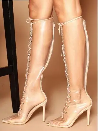 

New Woman Nude Black Transparent PVC Cross Tied Lace Up Front Pointed Toe Stiletto Heels Knee High Boots Zipper Back Long Boots