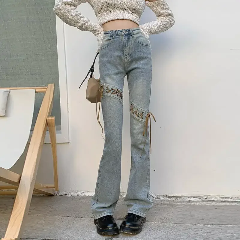 Torn with Holes Flare Women's Jeans High Waist Shot Flared Pants for Woman Bell Bottom Ripped Vibrant South Korea R Emo