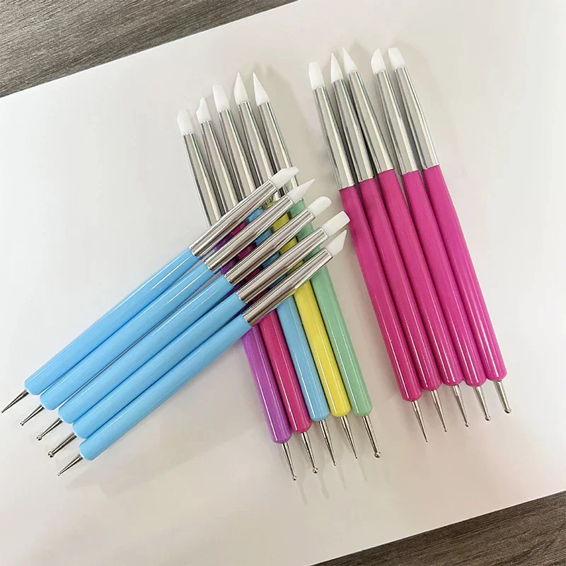 5 個のシリコーンネイルアートドットペンラインストーンアプリケーターデュアルヘッドプラスチックハンドルマニキュアエンボス彫刻ポリッシュ彫刻ツール