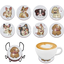 8pcs/Set DIY Dogs Diamond Painting Coasters with Holder Crystal Rhinestones Wood Coasters Birds Diamond Art Coasters for Adults