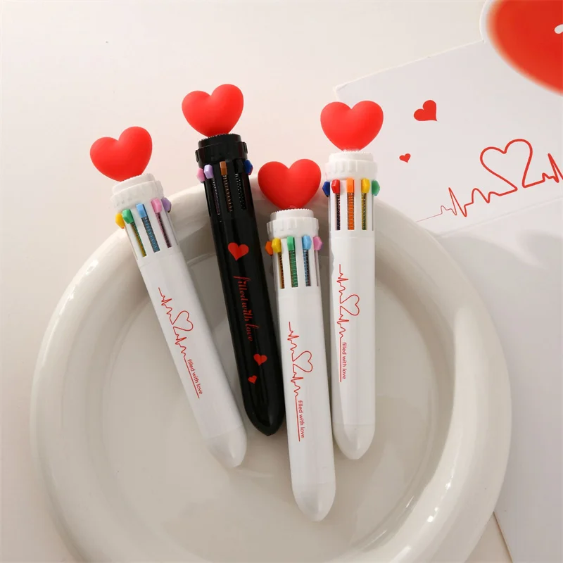 

24pcs/lot Creative love heart 6/10 Colors Ballpoint Pen Cute Press Ball Pens School Office writing Supplies Stationery Gift