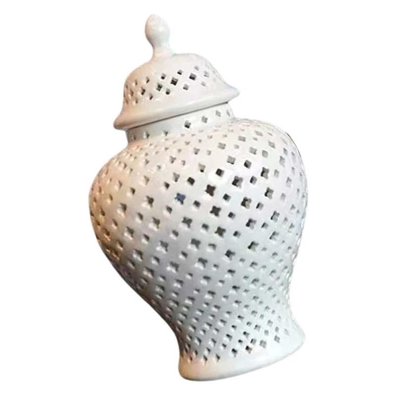 Classical White Ceramics Gingers Jar with Lid for Stylish Home Decors and Floral Arrangements Lattice Flower Vases Gift