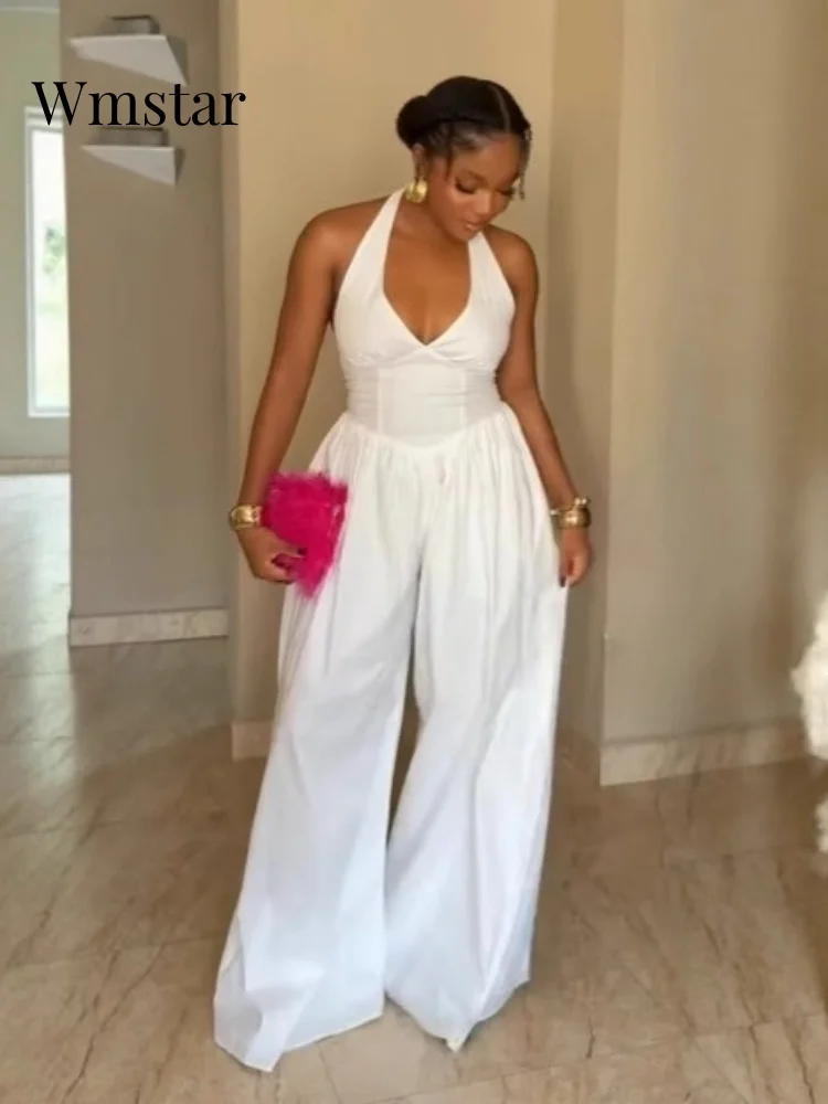 

Wmstar Jumpsuit Women 2025 Wholesale Elegant Halterneck V Neck Backless Bodycon Solid Color Wide Leg Romper Drop Shopping
