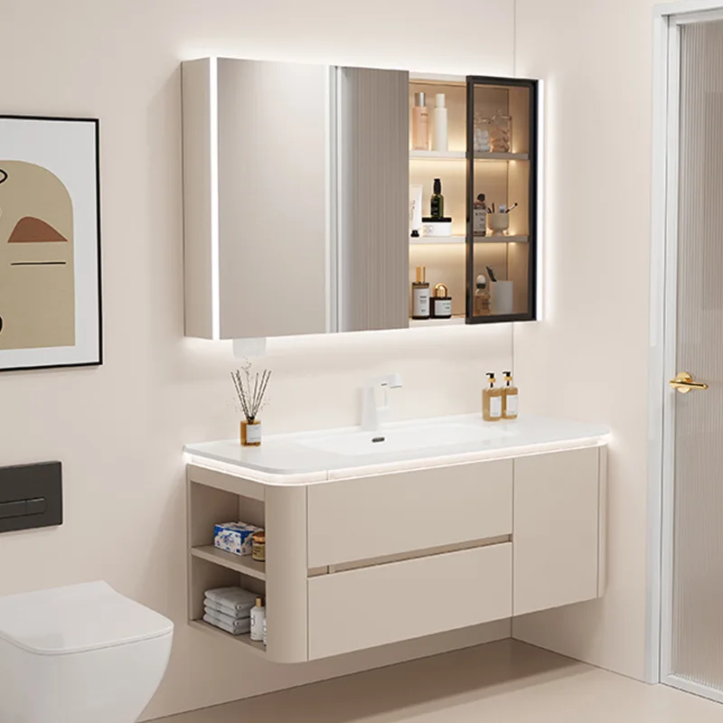 

Modenr Luxury Cabinet Single Sink Mirror Bathroom Vanity Soild Wood Wall Mounted Bathroom Furniture Vanity Bathroom Cabinet