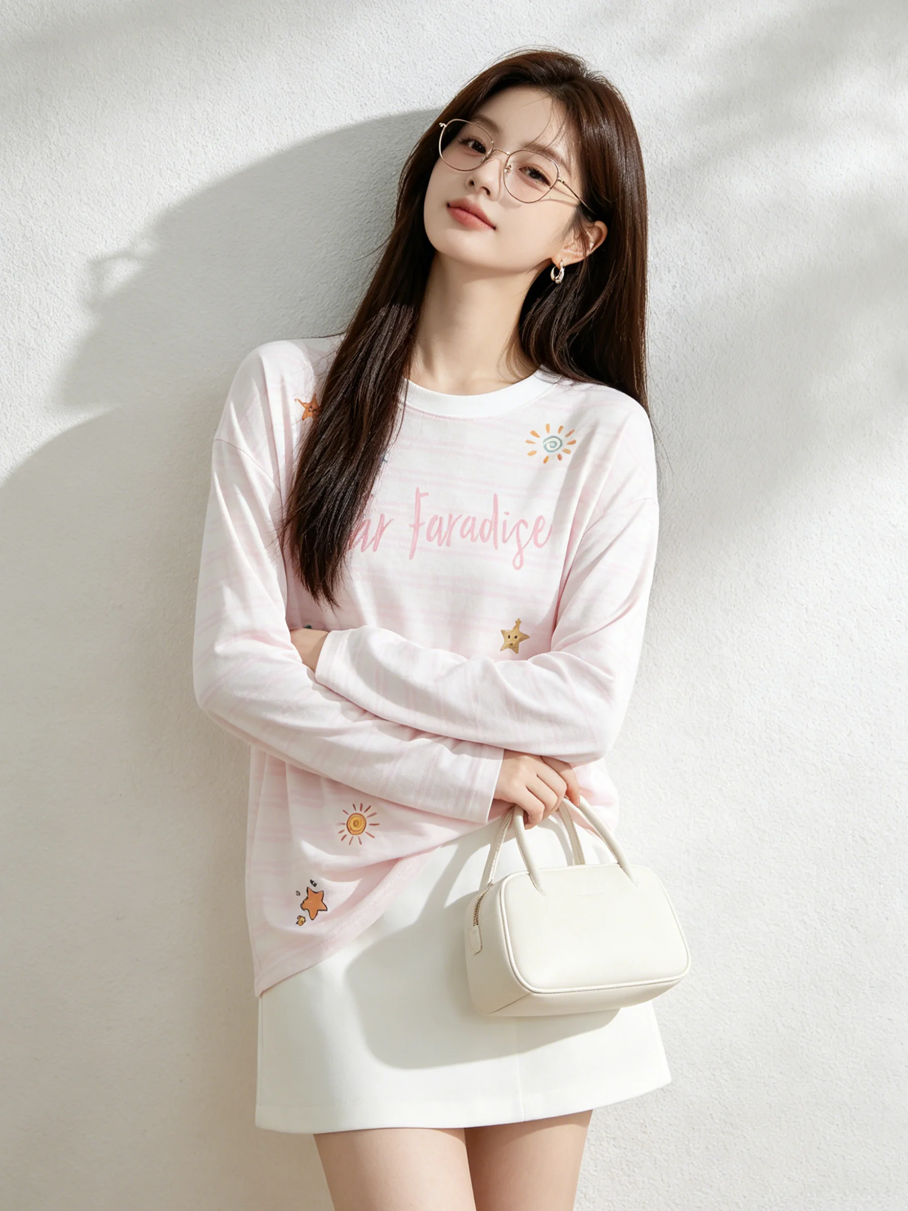Summer Lazy Stripe Letter Print Long Sleeve Women's T-shirt Lightweight Loose Sun Protection Cover up Holiday Style Top