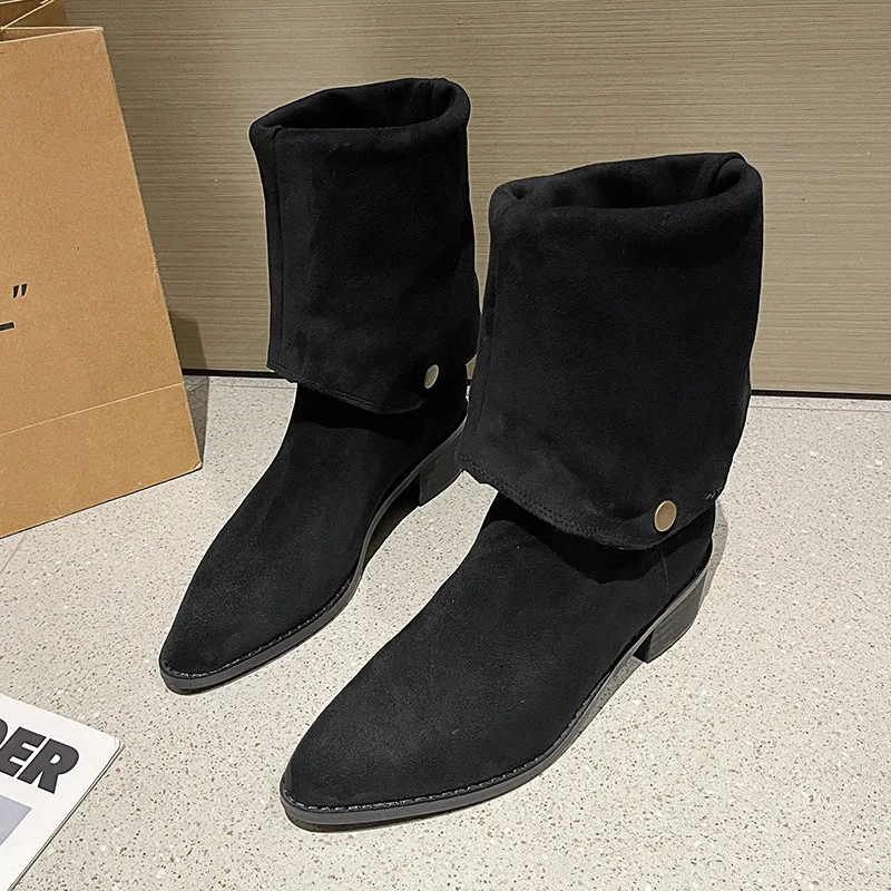Retro Two-wear Stacked Women's Boots High Quality Suede Leather Knee-high Boots for Women Pointe Chelsea Ankle Boots Botas Mujer