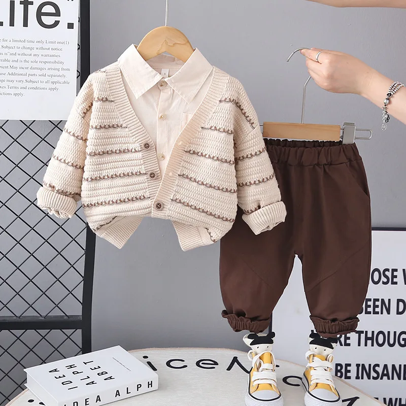 Autumn Boys Knit Sweater Set 3-Piece Outfit Korean Style Cardigan Shirts Pants Casual Warm Fashionable Toddler Clothes  123