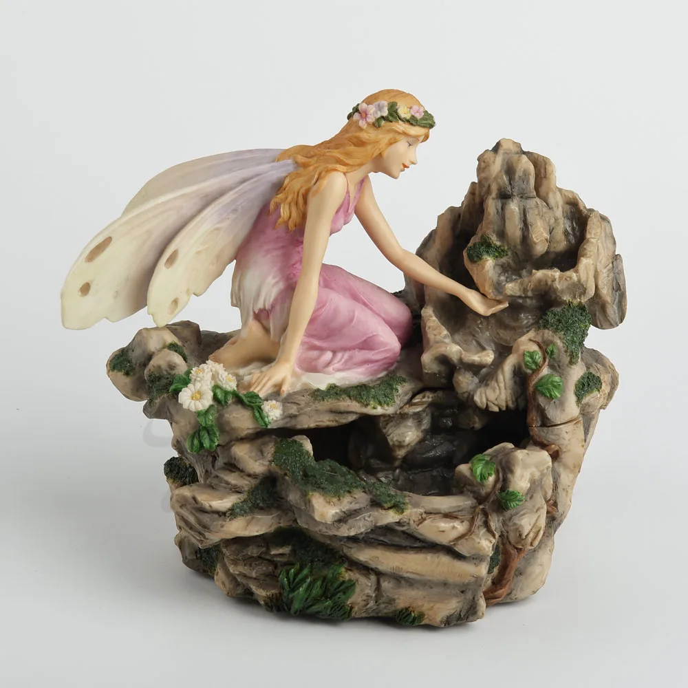 Leaning Pink Dress Fairy Figurine with Translucent Wings and Flower Wreath on Moss Rocky Cave Base Elf Statue Home Garden Decor