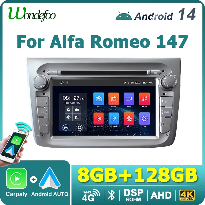 2 din Car Radio Wireless Carplay Android 14 Auto Stereo autoradio For Alfa Romeo 147 Bluetooth Multimedia player Screen 4G LTE