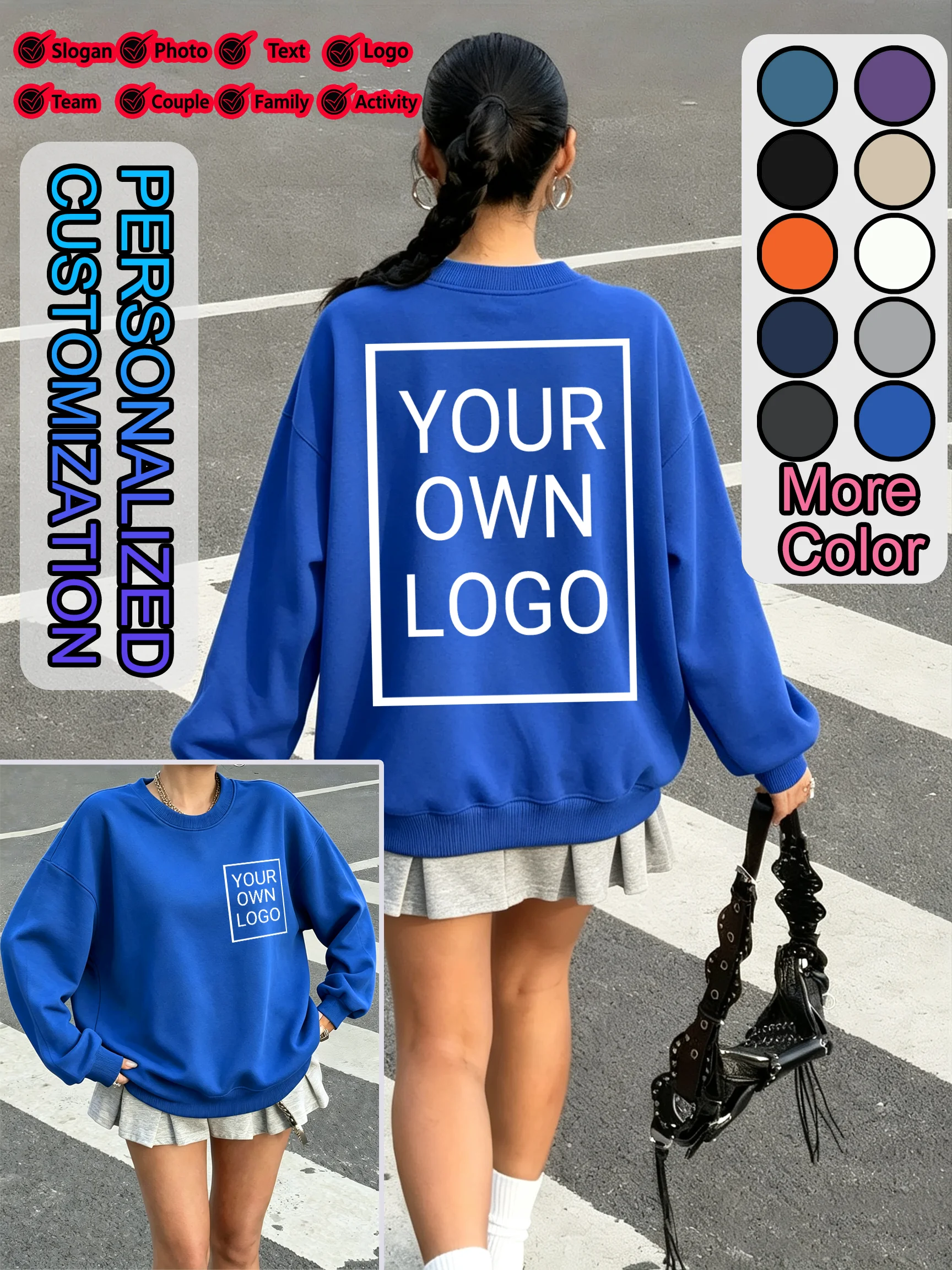 Couple Family Custom Double Sided Logo Sweatshirt Women Crewneck Korean Clothes Loose Casual Pullovers Autumn Fleece Streetwear