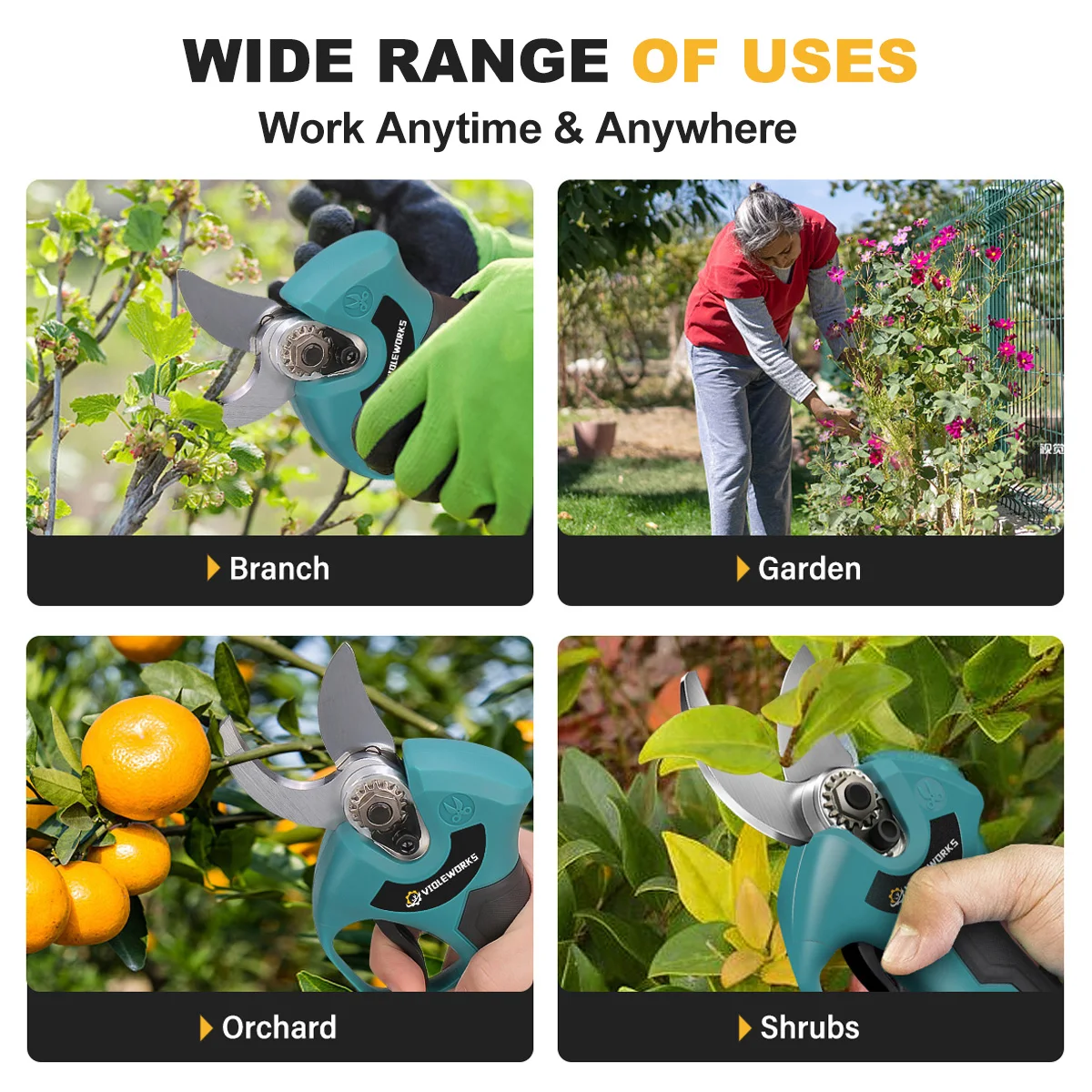 VIOLEWORKS Brushless 4 Gear Cordless Pruner Shear Fruit Tree Bonsai Pruning Electric Tree Branches Cutter Gardening Tool