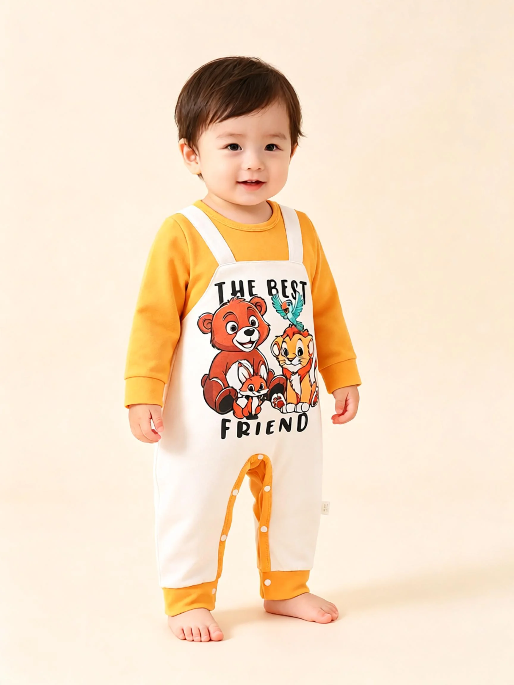 Baby Boy Autumn Long Sleeve Bodysuit,1‑Piece,Cartoon Animal Print,Fake Two‑Tone Spliced Strap Design,Crew Neck