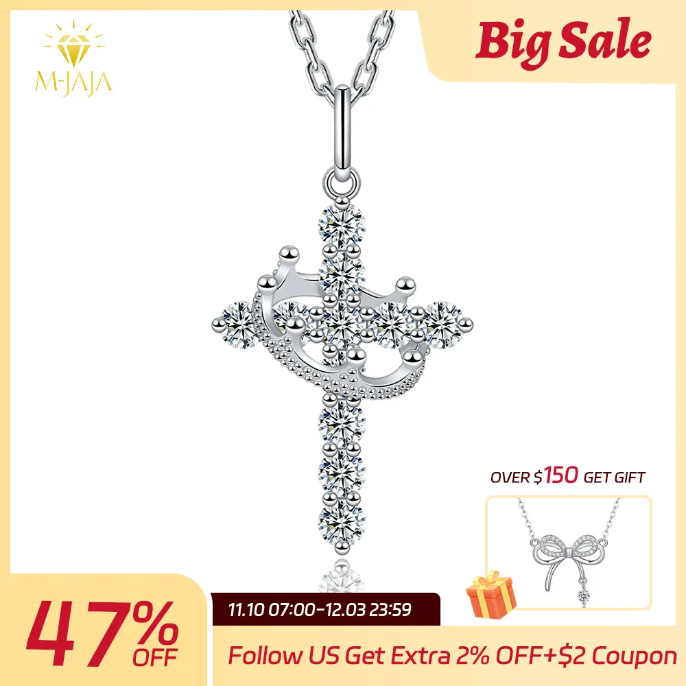 

M-JAJA Moissanite Rotatable Crown Cross Pendant Necklace for Women S925 Silver Jewelry Christian Party Jewelry Prayer Fine Gift