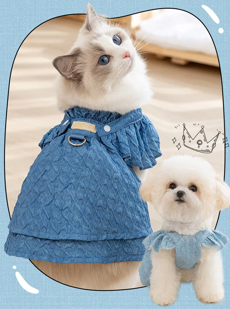 Dress - Denim Ruffled Vest Sundress For Puppies, Chihuahua, Yorkie - Summer  Outfit & No-Pull Harness Combo Small Dog Harness
