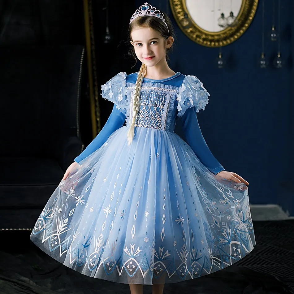 Autumn Winter New Ice and Snow Romance Princess Dress Long sleeved Blue Elsa Princess Dress Halloween Children's Cosplay Dress