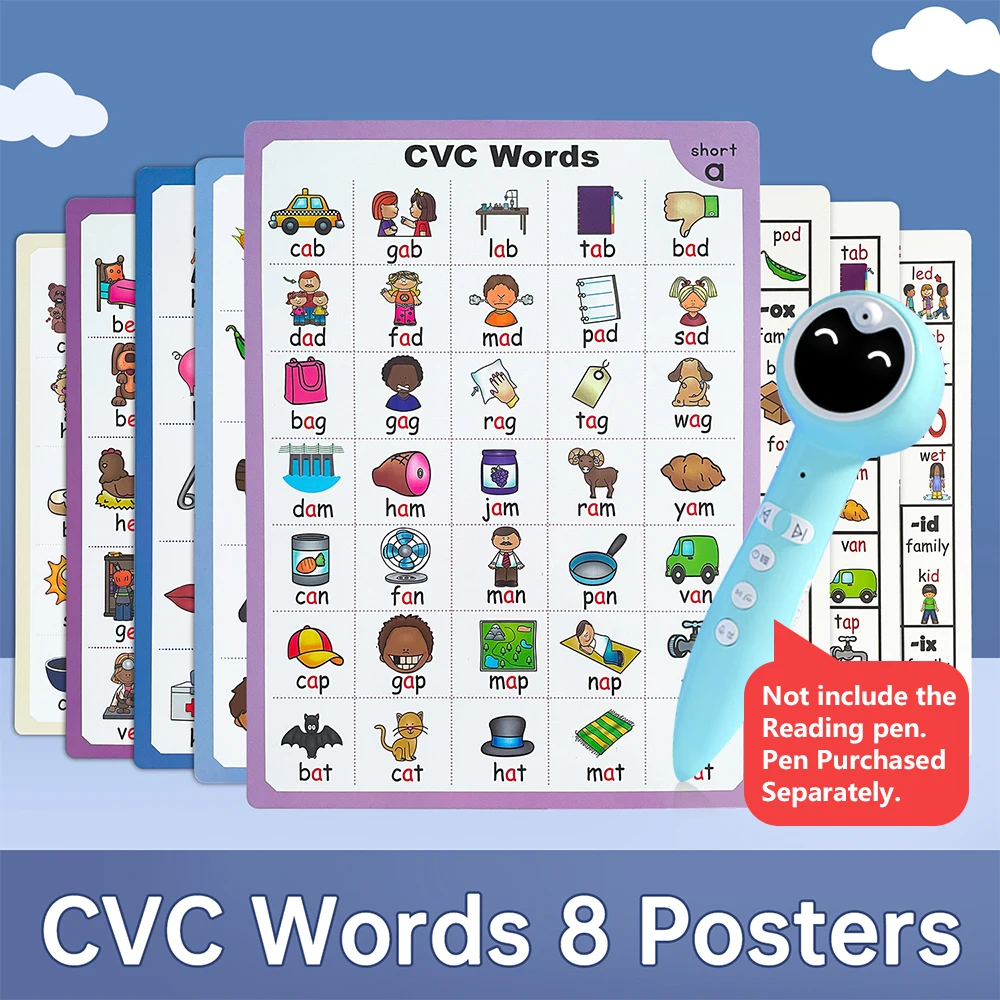 8PCS CVC Phonics Words Poster Language Arts Skills Charts for Kids Classroom Word family wall Educational Posters Pre K Learning