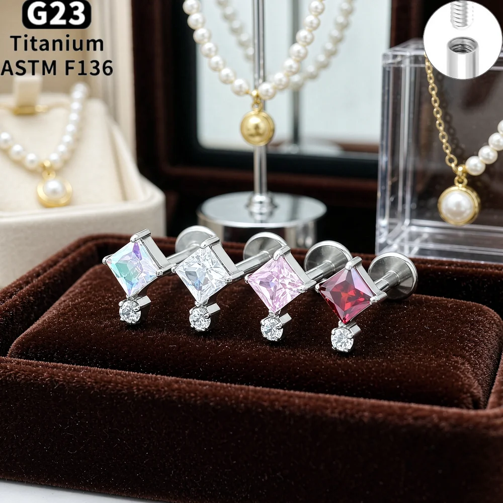 G23 Titanium Labret Piercing with Internal Thread Clear CZ Lip Studs Tragus Helix Cartilage Flat Back Earrings Medusa Jewelry